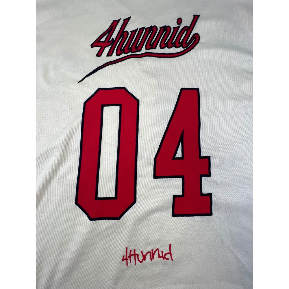 4Hunnid YG Baseball Jersey White Cream Mesh Stitched Red 04 Script Mens Large